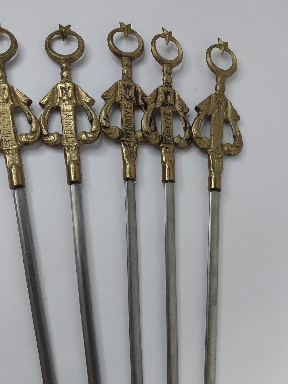 5 Vintage Shish Kebab Skewers Tarzan Inox Turkey Stainless Decorative Brass Tops